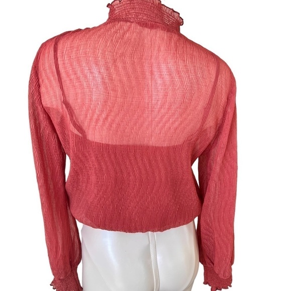 BY TOGETHER Sheer Chiffon Ruffle Mock Neck Long Sleeve Deep Orange Top Size S - Picture 5 of 14
